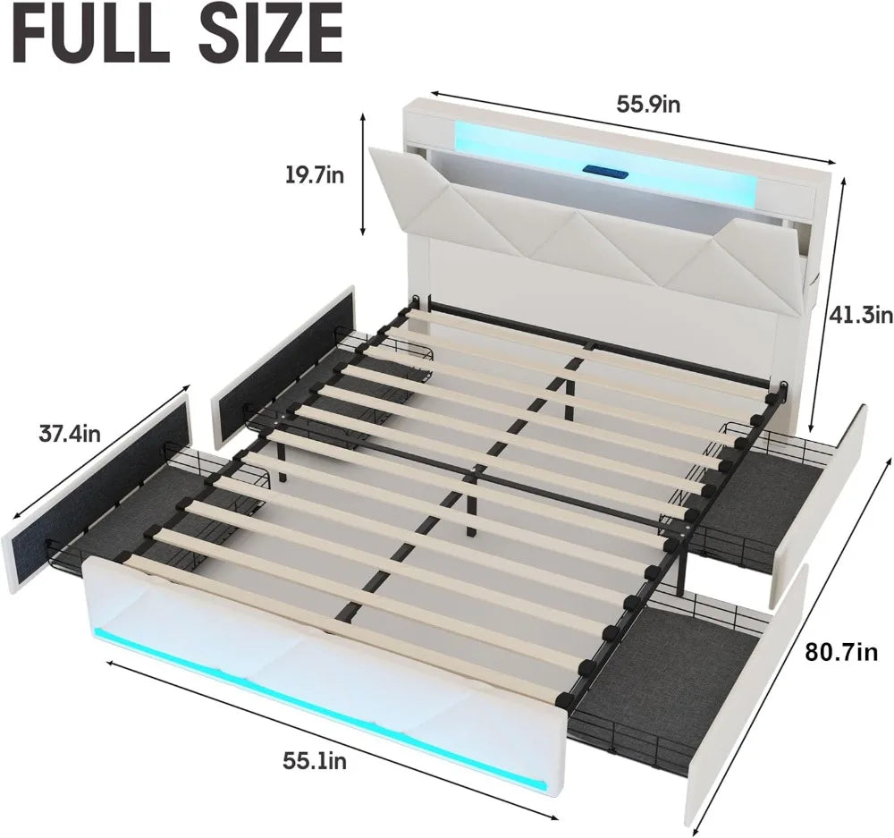 Bed Frame With Storage Drawers, Upholstered Headboard, Charging Station, LED