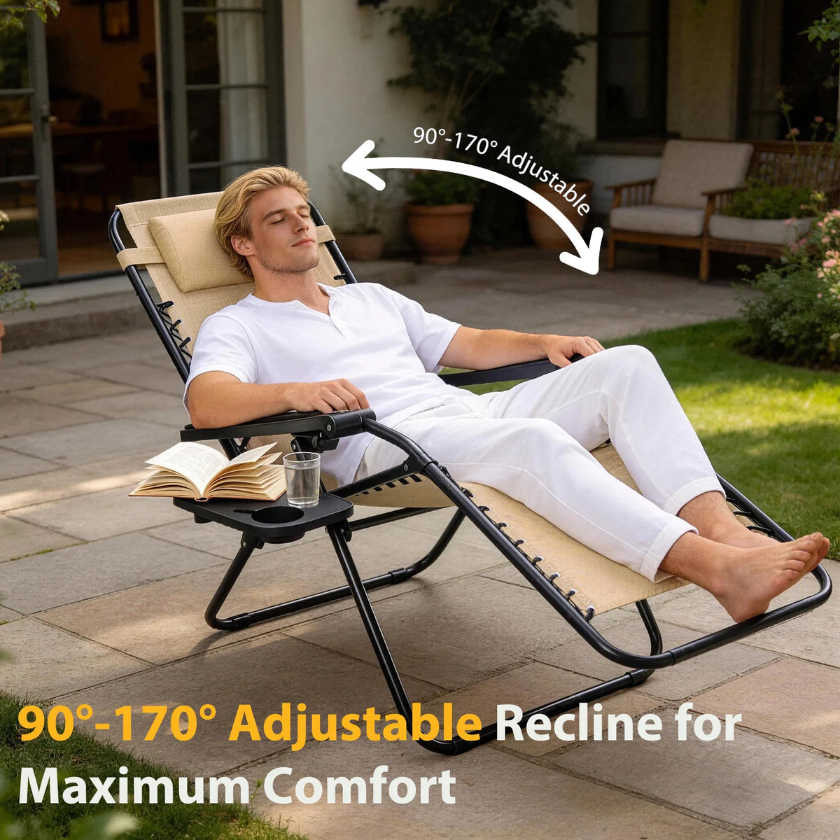 JHK Zero Gravity Recliner Outdoor Folding Lounge Chair Cup Holder