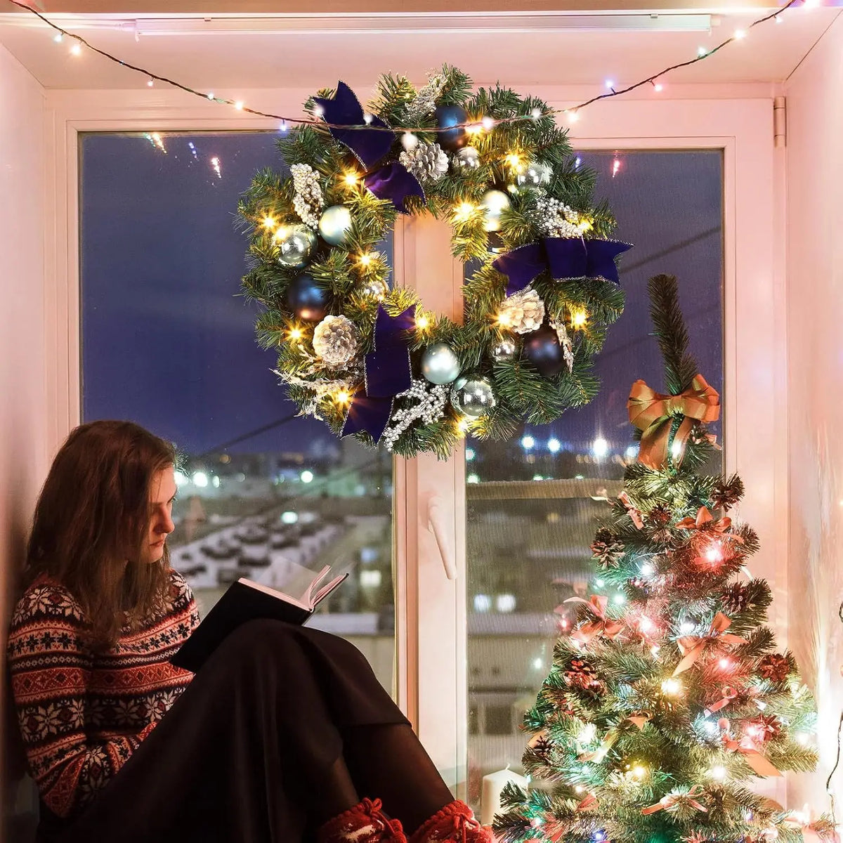 Artificial Christmas Wreath With LED Lights for Door Decor