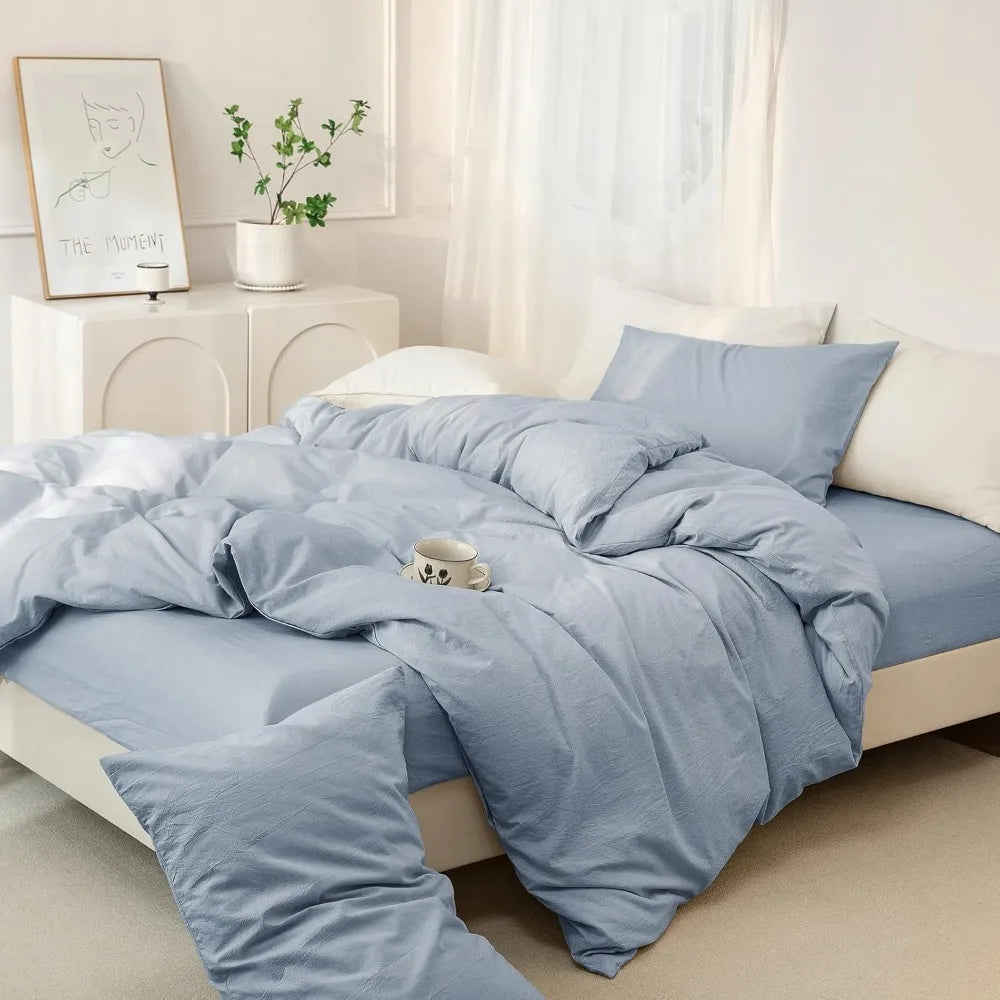 100% Washed Cotton Duvet Cover Set 3 Pieces Cal King, 1 Duvet Cover 104x98 Inches(Comforter Not Included) and 2 Pillowcases