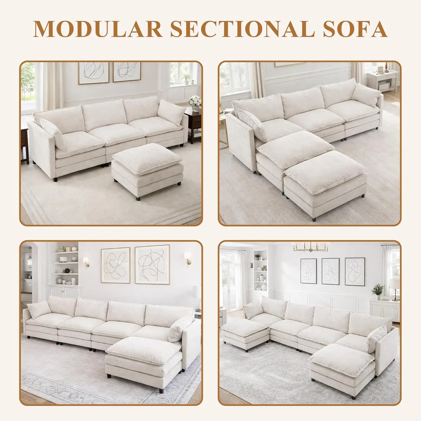 L Shaped Modular Sectional Sofa Chenille Cloud Couch Movable Ottoman