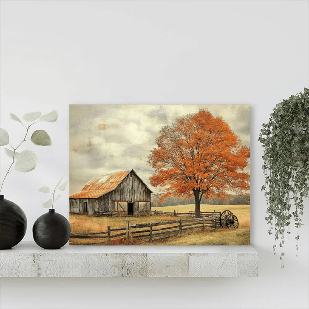 Pine Wood Frame Art Deco Mural Country Farmhouse Scene