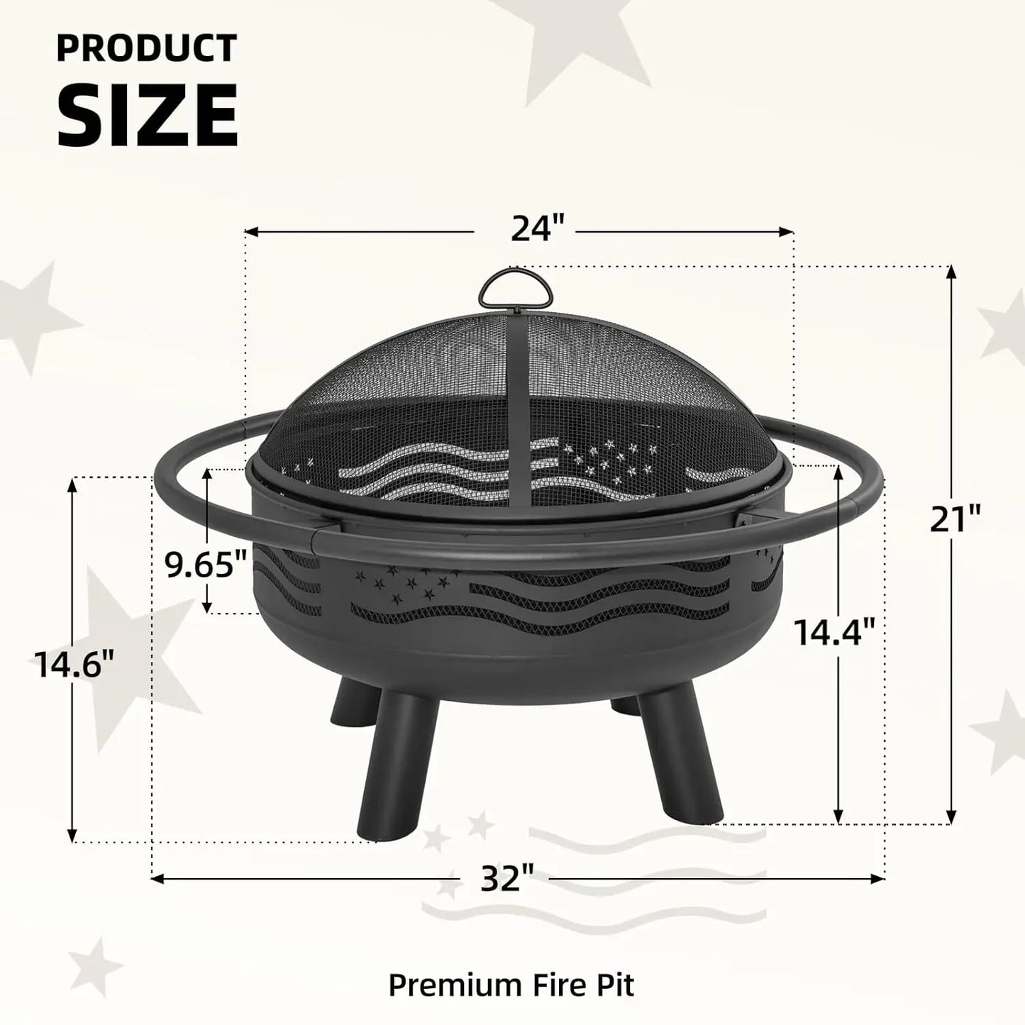 American Flag Fire Pit With Mesh Cover And Poker For Patio