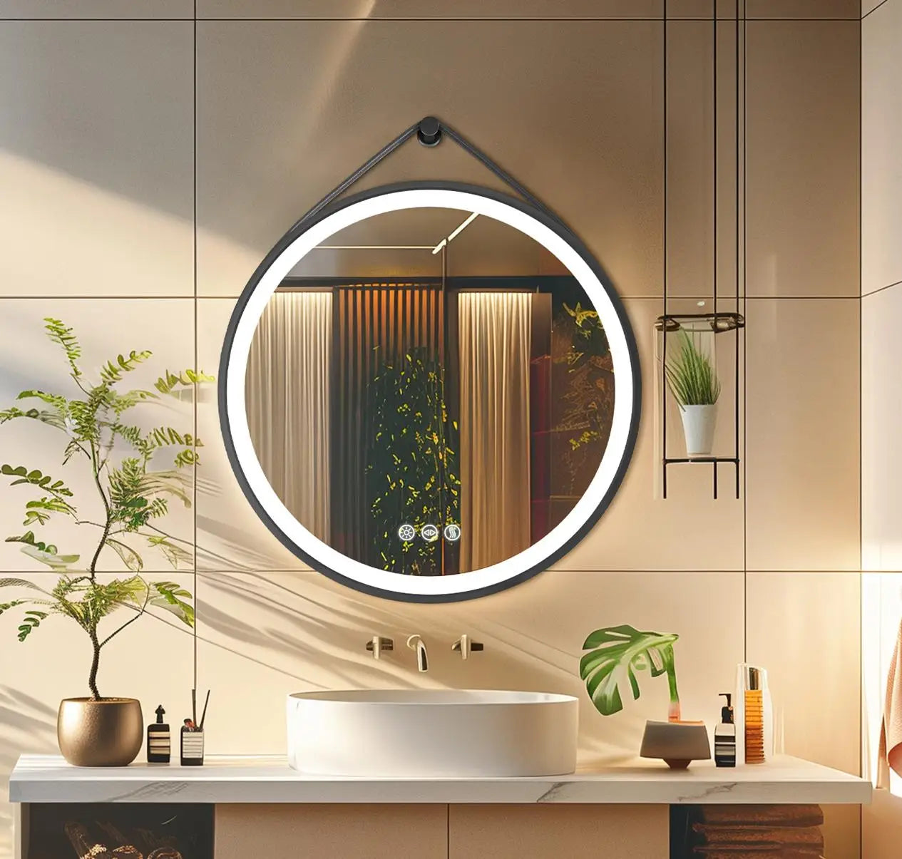 Round LED Bathroom Mirror With Leather Strap Wall Hanging And Anti Fog