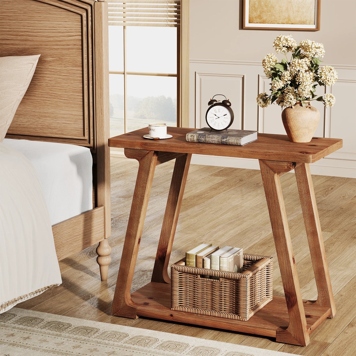 Tribesigns 2 Tier Solid Wood End Table Narrow Farmhouse Nightstand