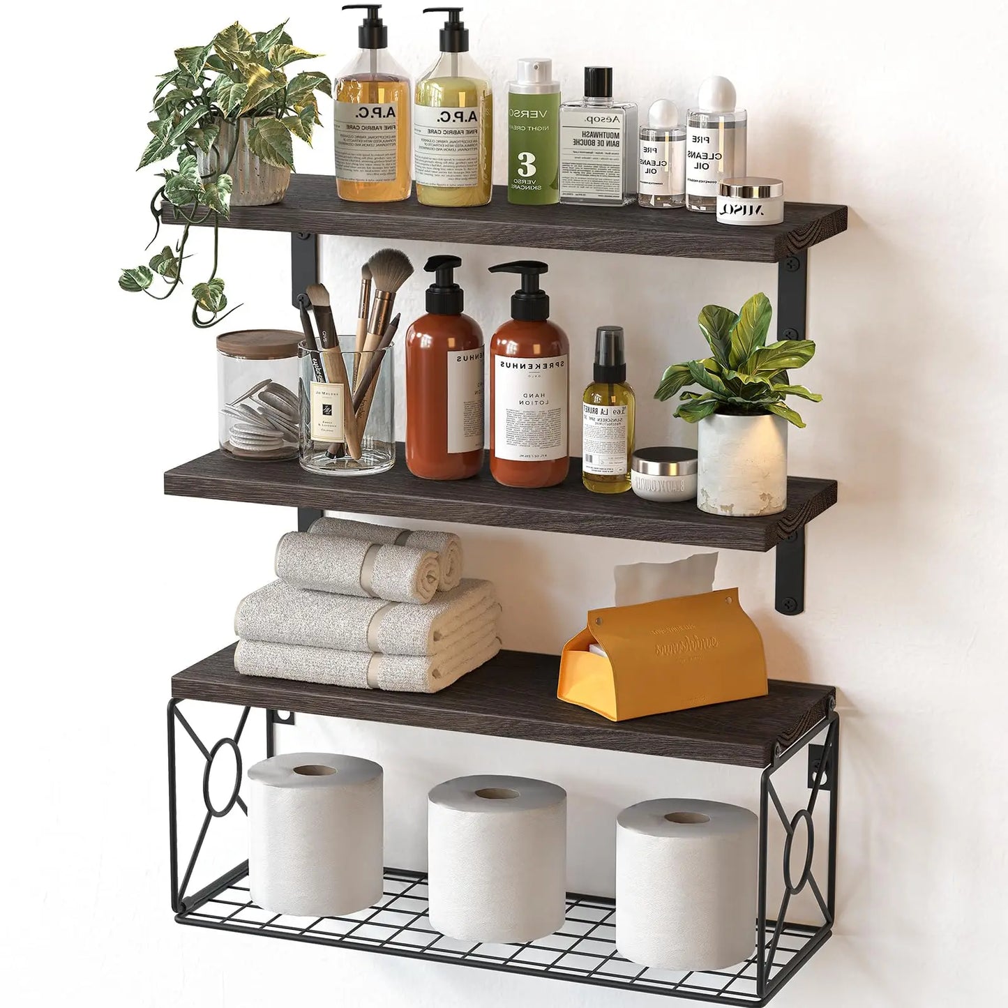 XIUWO Paulownia Wood Floating Shelf Over Toilet With Storage Basket