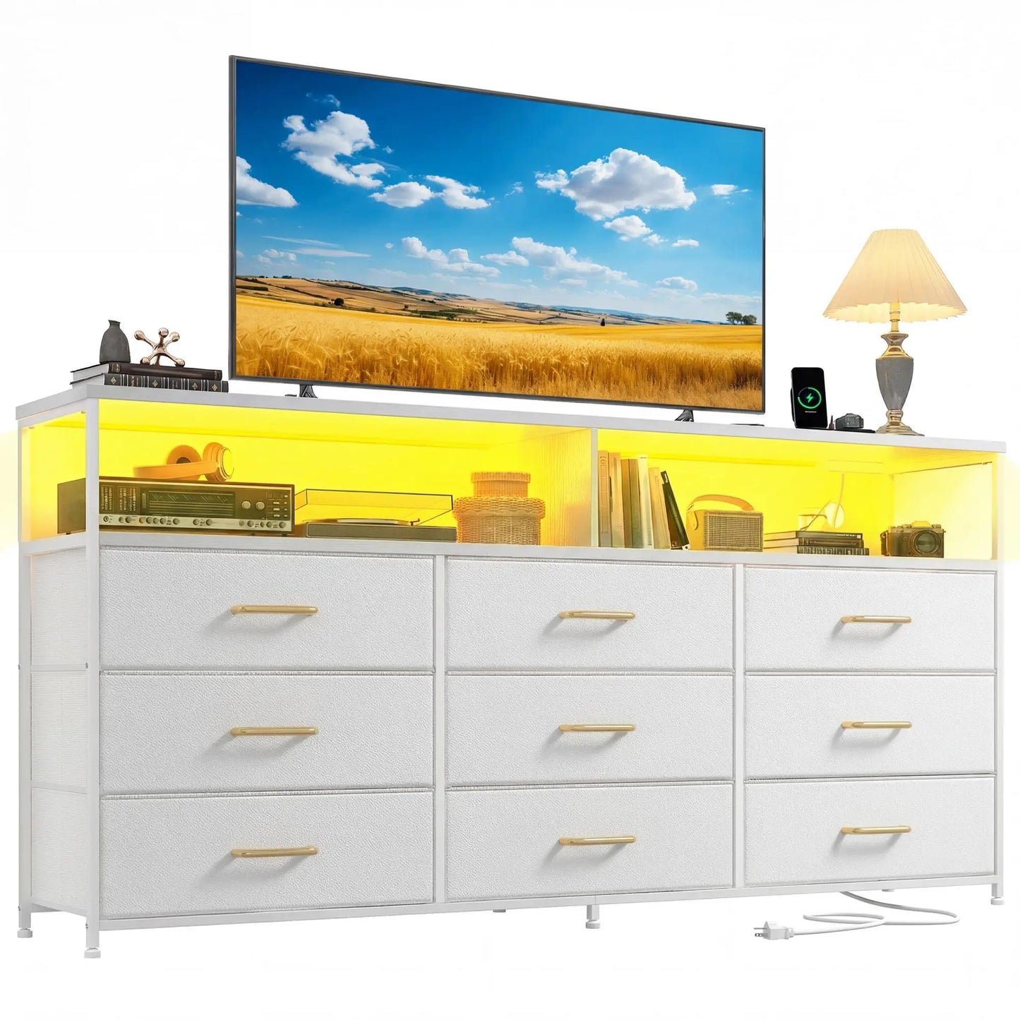 Long Dresser TV Stand With Nine Drawers And Outlets