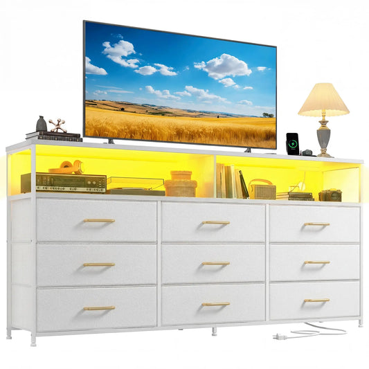 Long Dresser TV Stand With Nine Drawers And Outlets