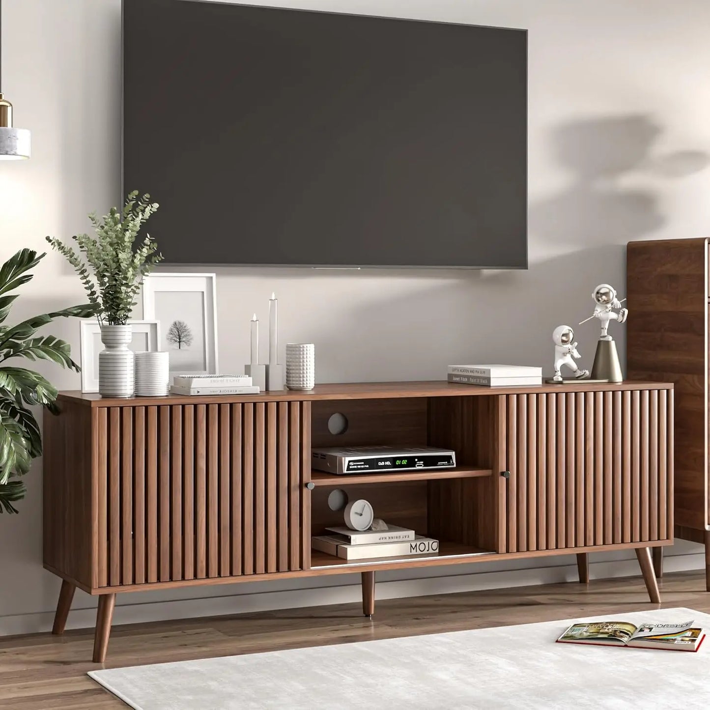 Mid Century Modern TV Stand With Sliding Doors And Storage