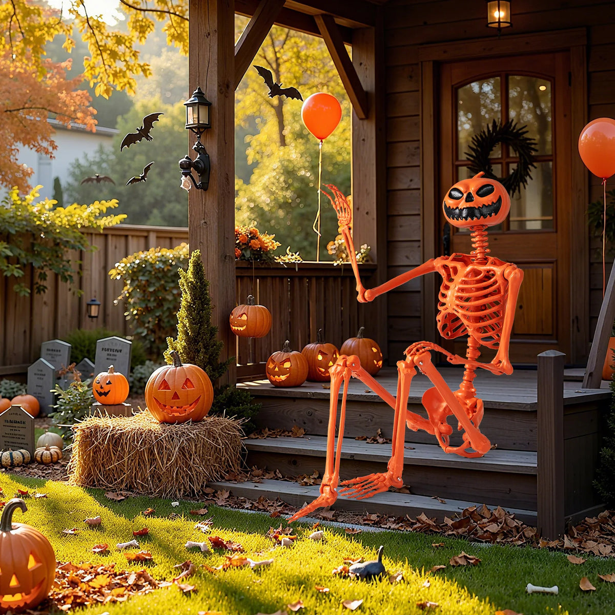 LIFEZEAL Poseable Pumpkin Head Skeleton Halloween Decoration Prop