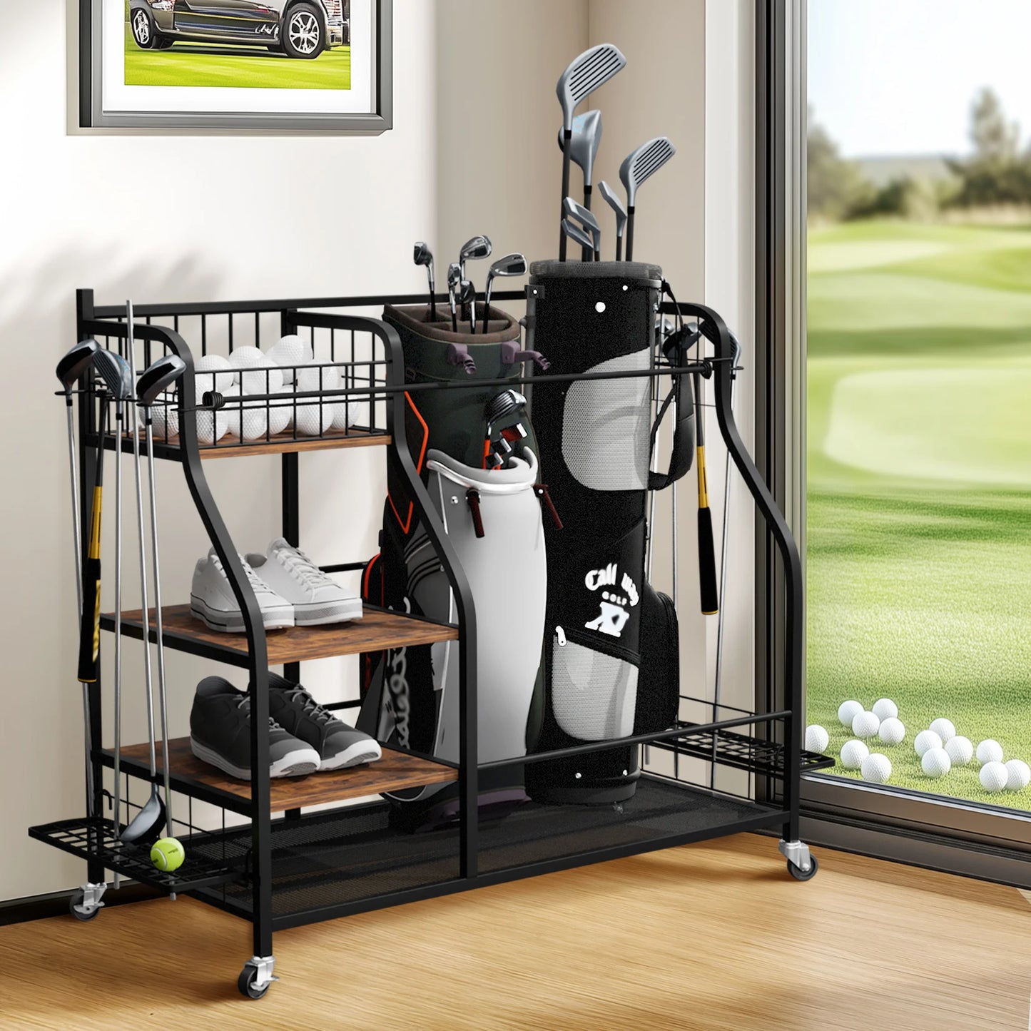 Durable Metal Rolling Golf Bag Storage Rack With Wheels