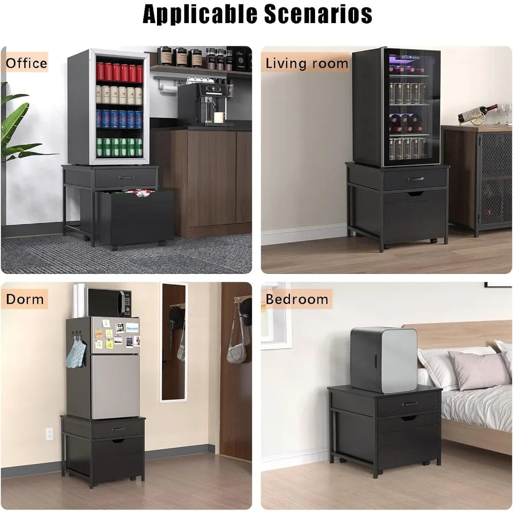 Mini Fridge Stand with Storage, Heavy Duty Mini Fridge Table with Rolling Cabinet 220LBS Capacity Tabletop for Dorm, Apartment,
