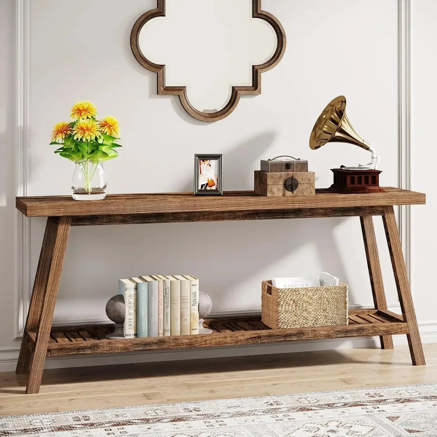 70.9 Inches All Wood Console Table for Entrance, 2 Tiers Narrow Long Behind Couch Sofa Table for Hallway, Living Room, Brown