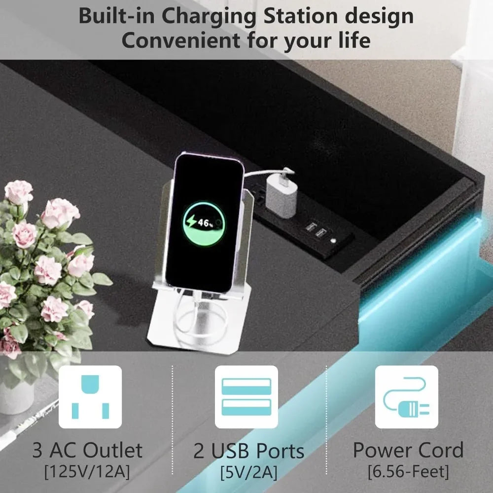 Nightstand With LED Lighting And Charging Station, Sliding Top, Three-Drawer