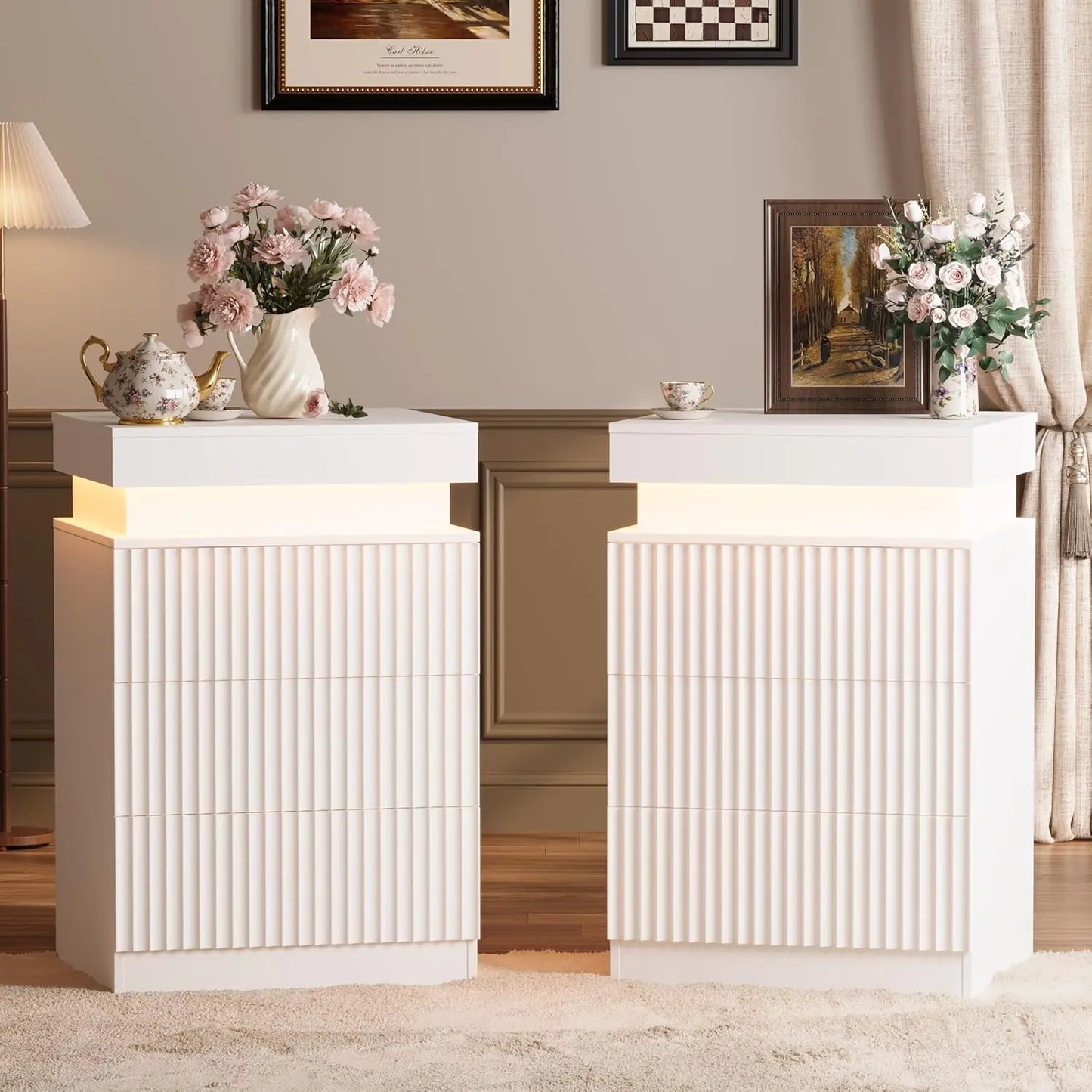 Nightstand Set Of 2 With LED Charging Station Fluted