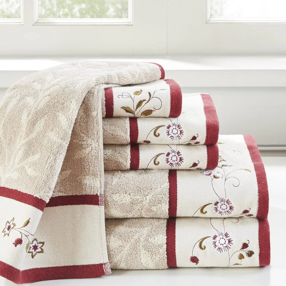 Luxurious Hundred Percent Cotton Bath Towel Set With Floral Embroidery