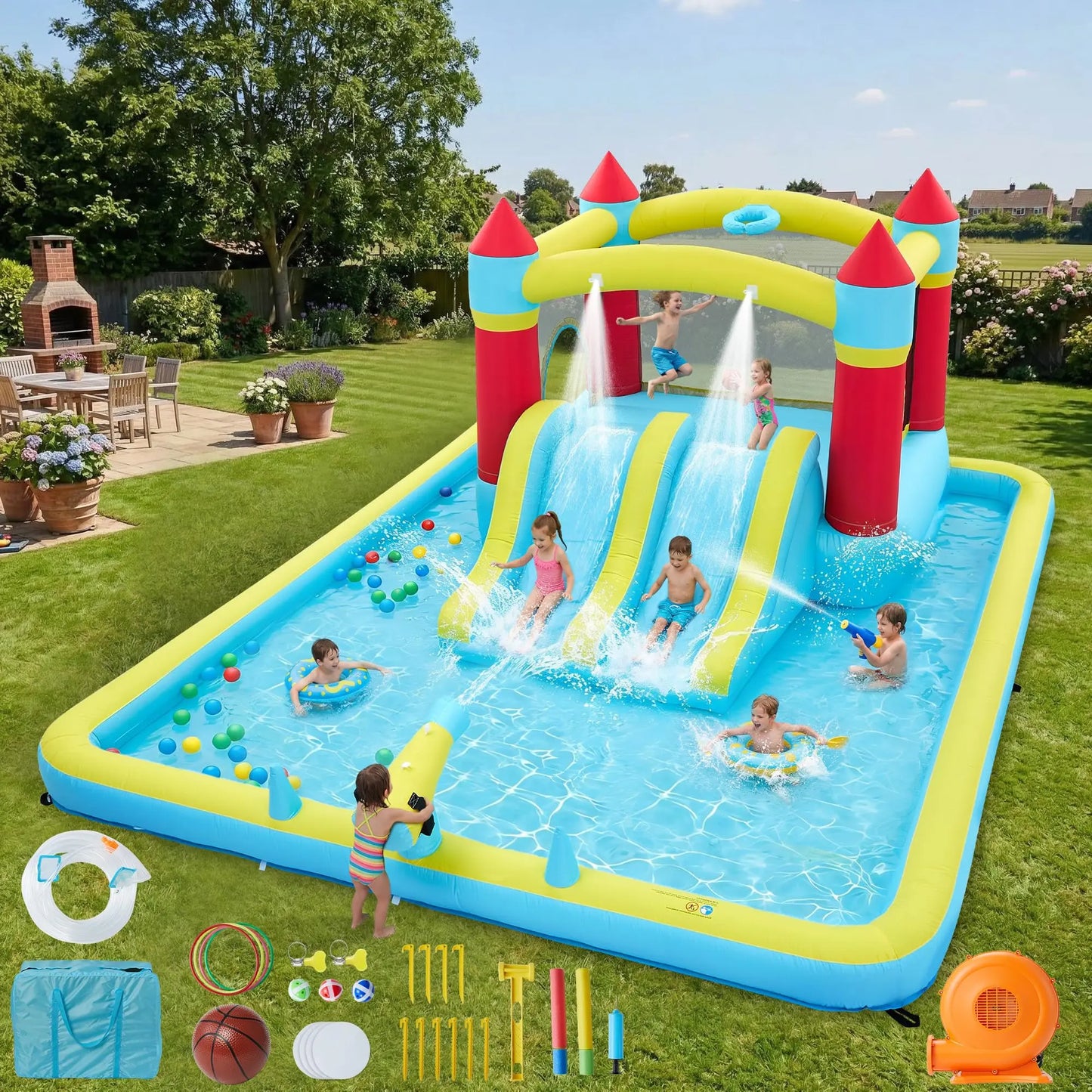 HiMISS 7-in-1 Inflatable Bounce House With Slide And Water Park