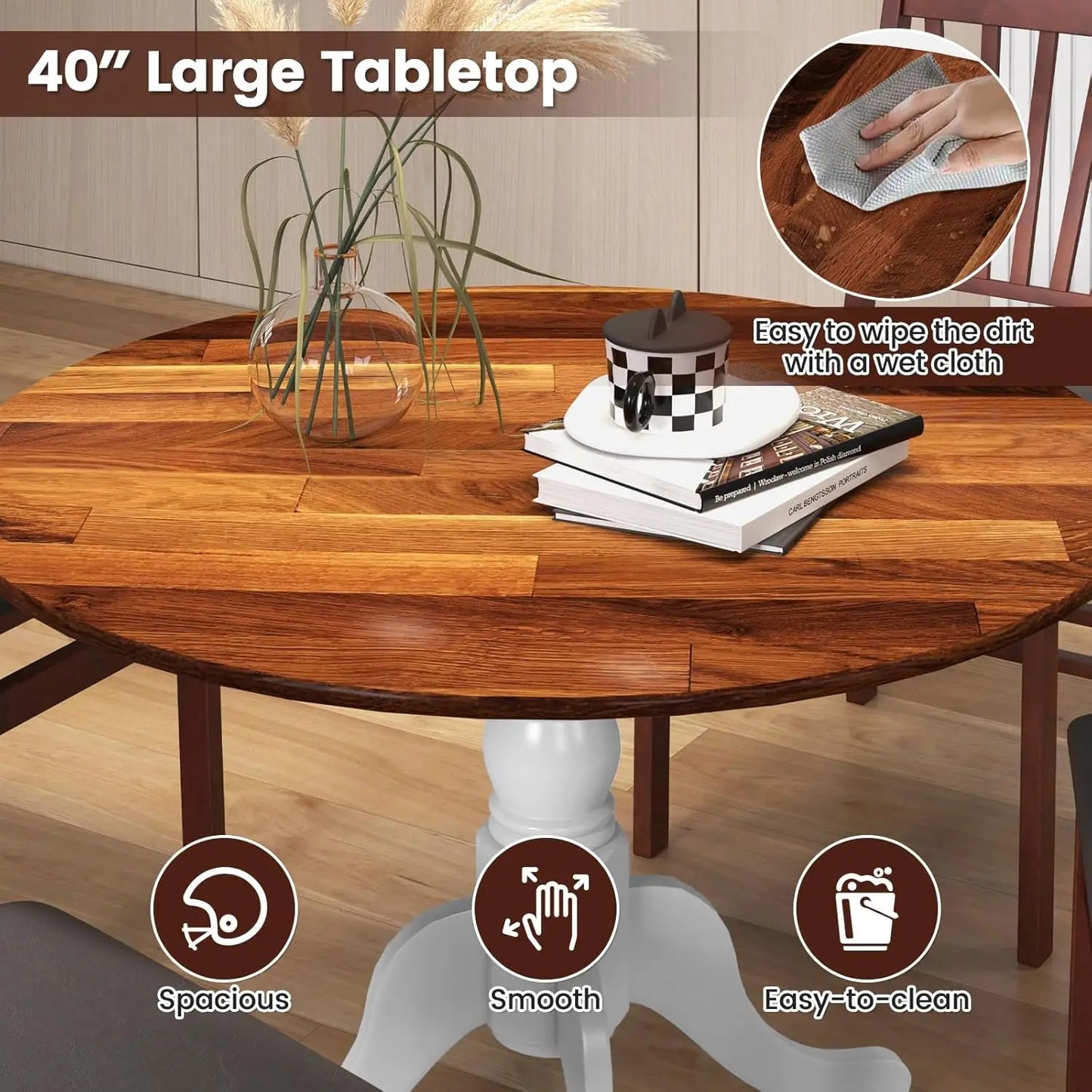 Round Dining Table for 4, 40 Inch Farmhouse Round Kitchen Table with Heavy-Duty Rubber Wood Frame & Curved Trestle Legs