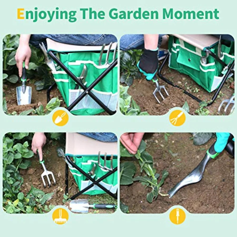 9 PCS Allinone Garden Tools Set Heavy Duty CastAluminium Alloy Gardening Tools Kit with Folding Stool Seat and Detachab