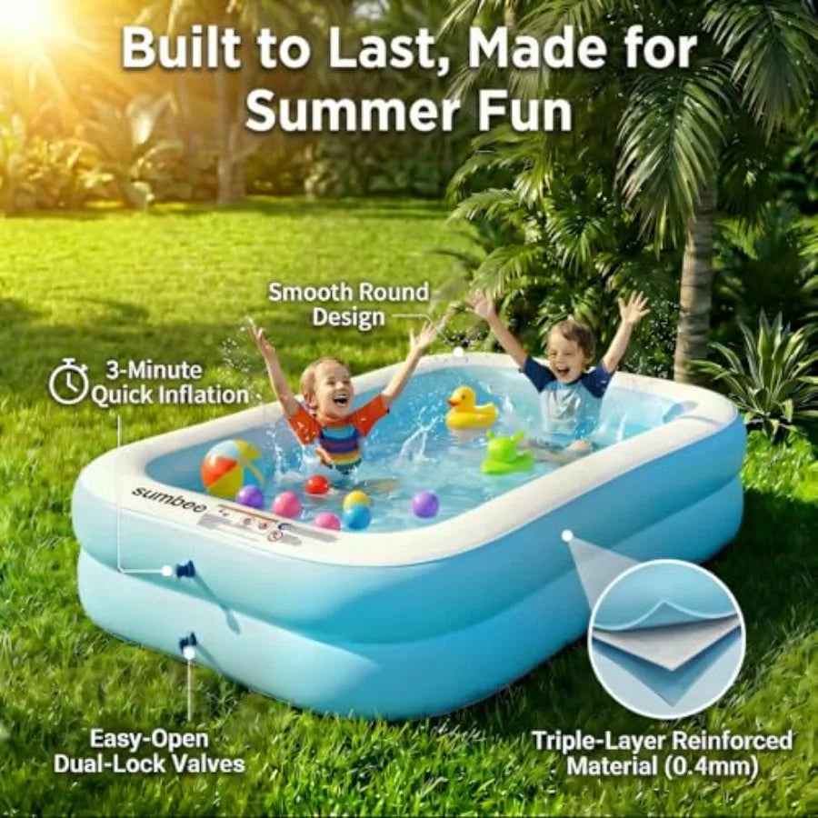 Inflatable Rectangular Family Pool With Thick PVC For All Ages