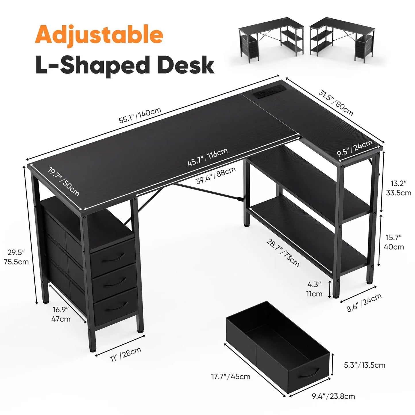 JHK L Shaped Computer Desk with Drawers And Power Outlet