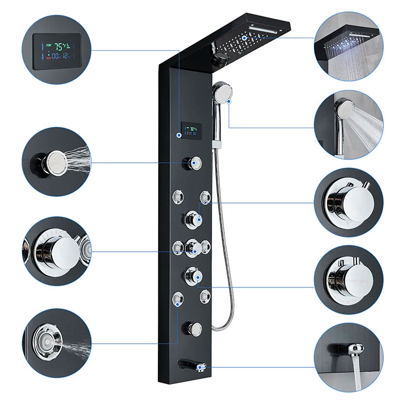 Shinesia LED Shower Panel With Waterfall Rainfall And Massage Jets
