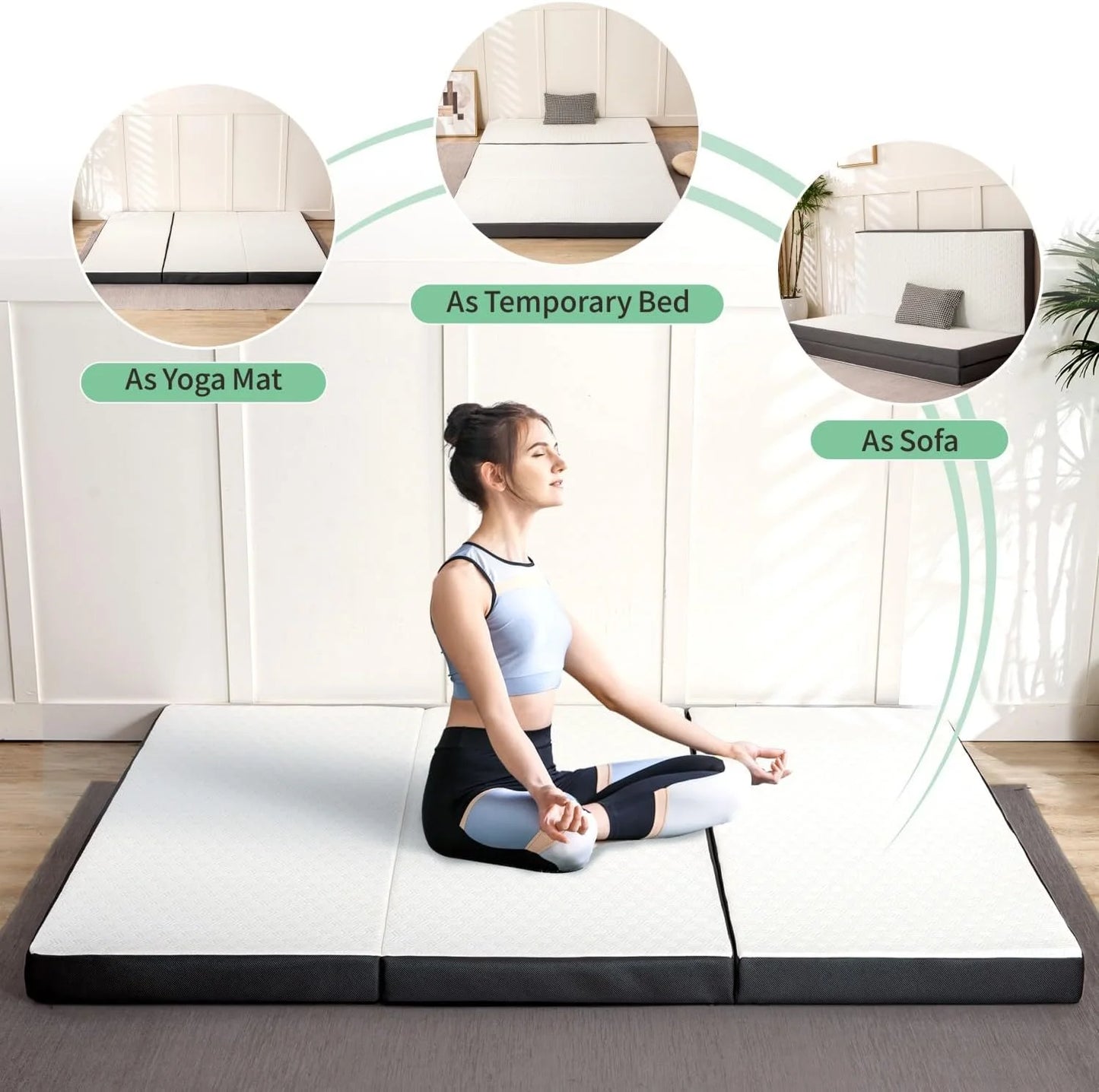 Hcore 3/4 Inch Tri-Fold Mattress With Washable Cover, Storage Pockets And Non-Slip Bottom For Yoga, Camping, Guest Rooms