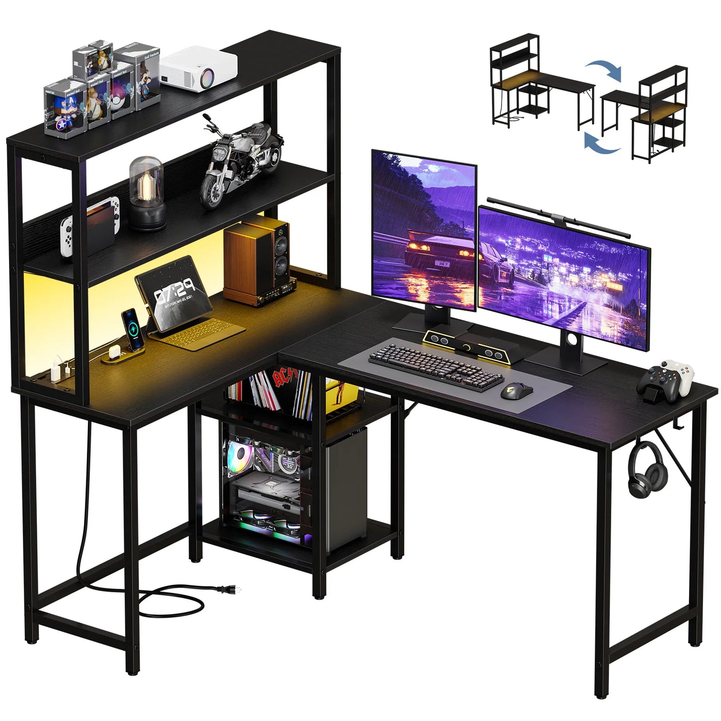 JHK 53 Inch L Shaped Gaming Desk With USB And LED