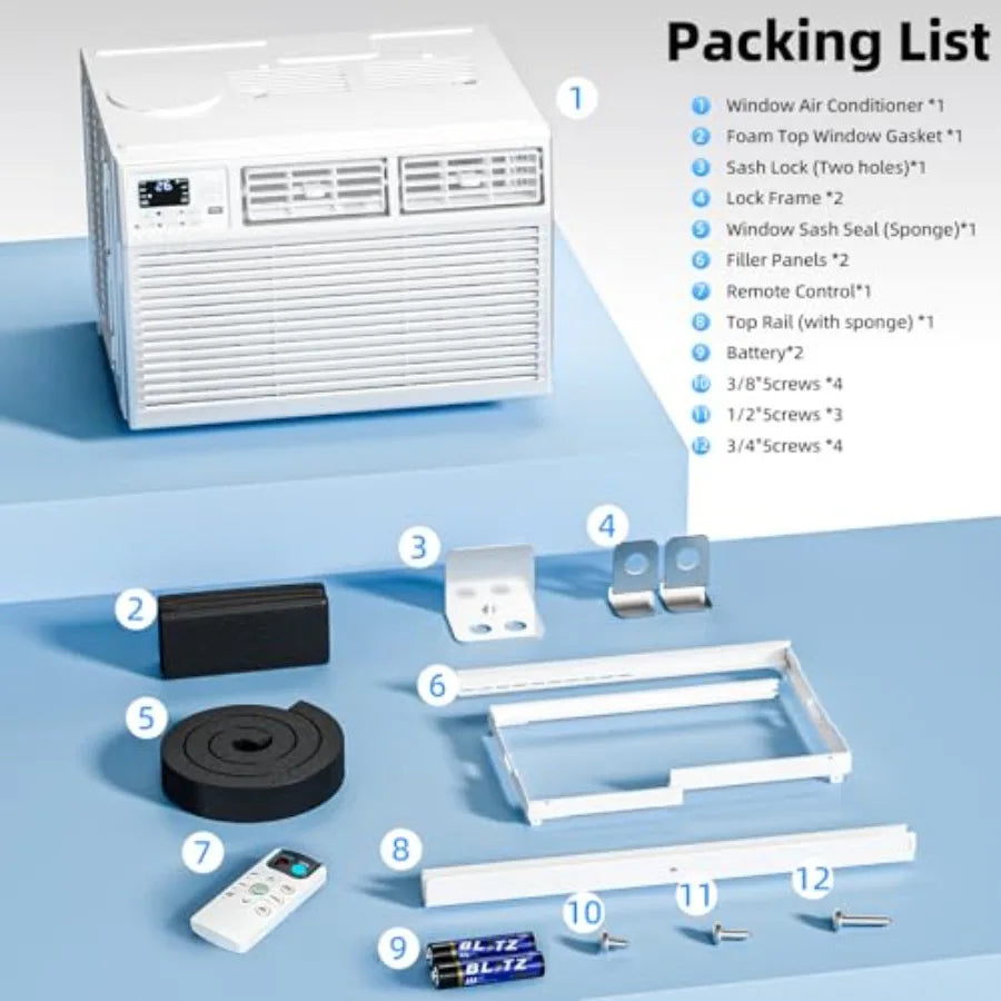 Window air conditioner for home use, white ABS plastic, 8000 BTU cooling capacity, 6-in-1 modes with remote, energy-saving, coo
