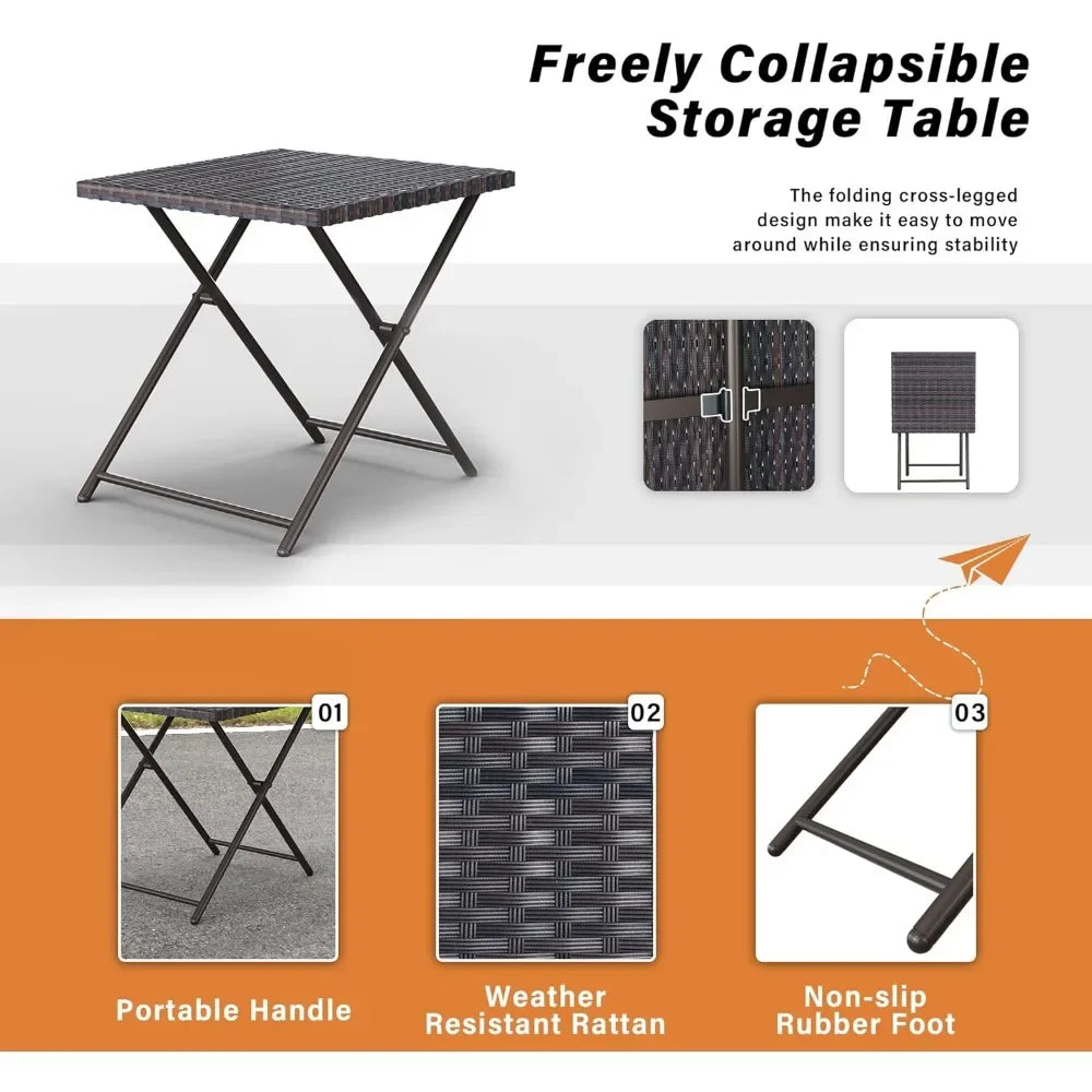 Patio Chaise Lounge Sets Outdoor Rattan Adjustable Back 3 Pieces Cushioned Patio Folding Chaise Lounge with Folding Table