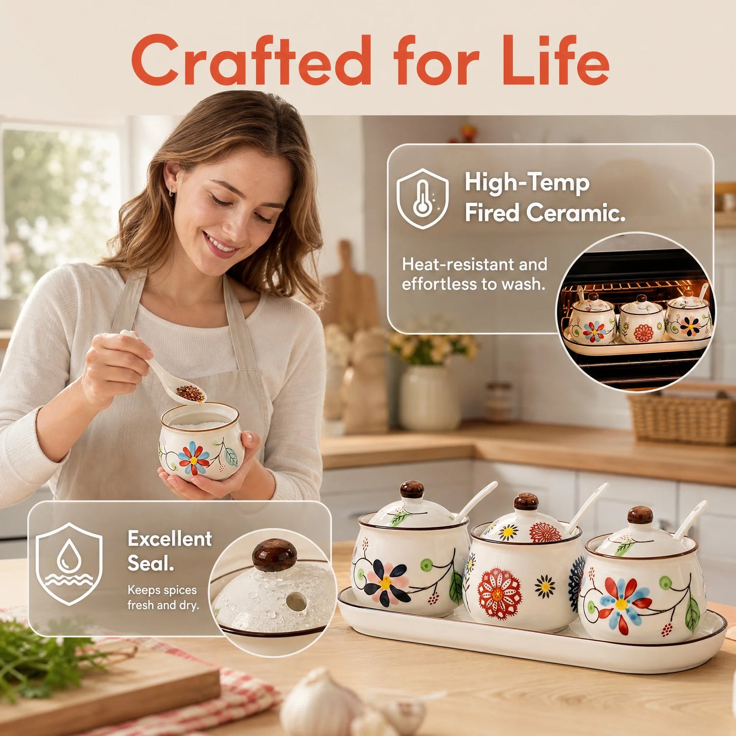 Three-Piece Ceramic Spice Jar Set With Tray Hand Painted Japanese