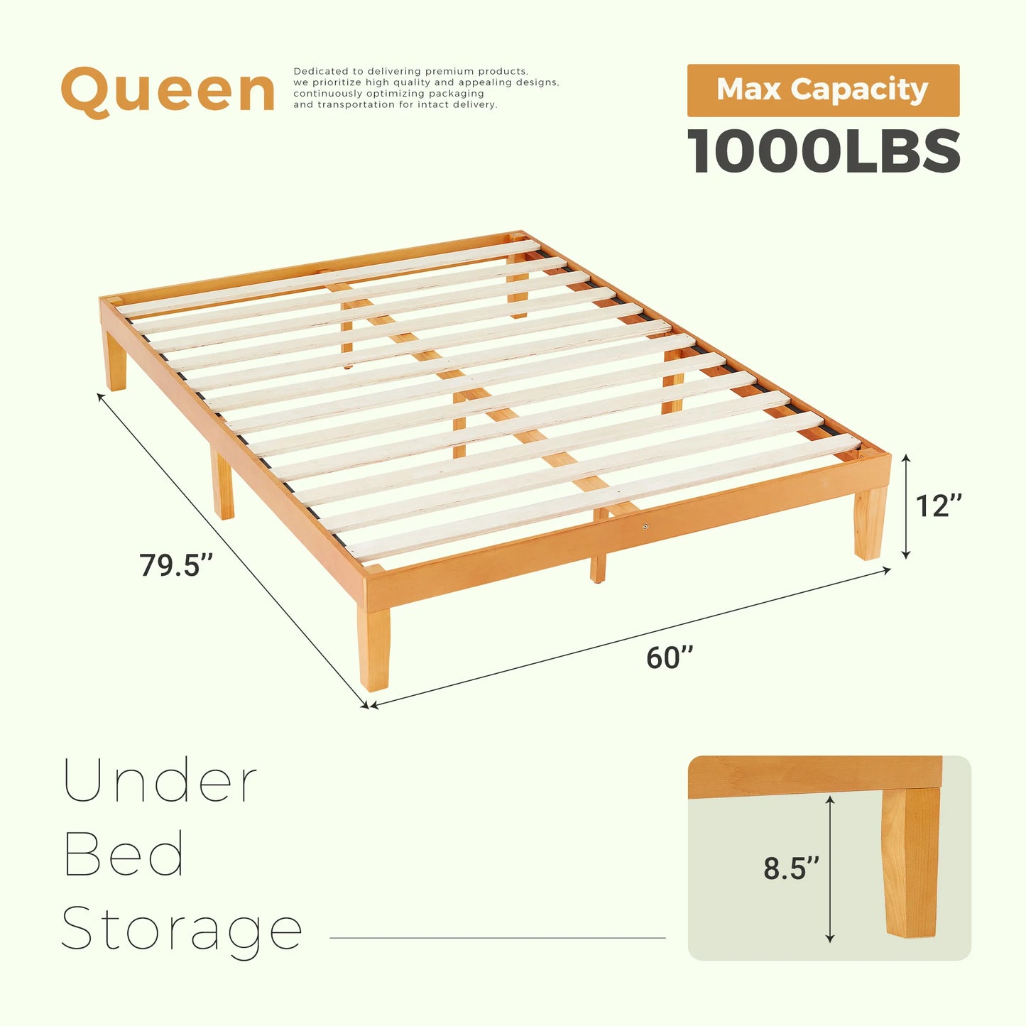 JHK Solid Wood Bed Frame With Sturdy Slat Support Assembly