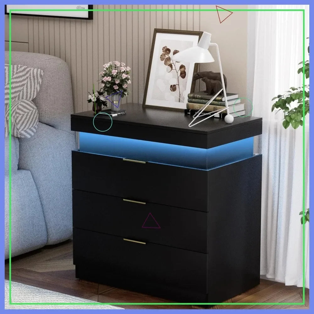 Nightstand With LED Lighting And Charging Station, Sliding Top, Three-Drawer