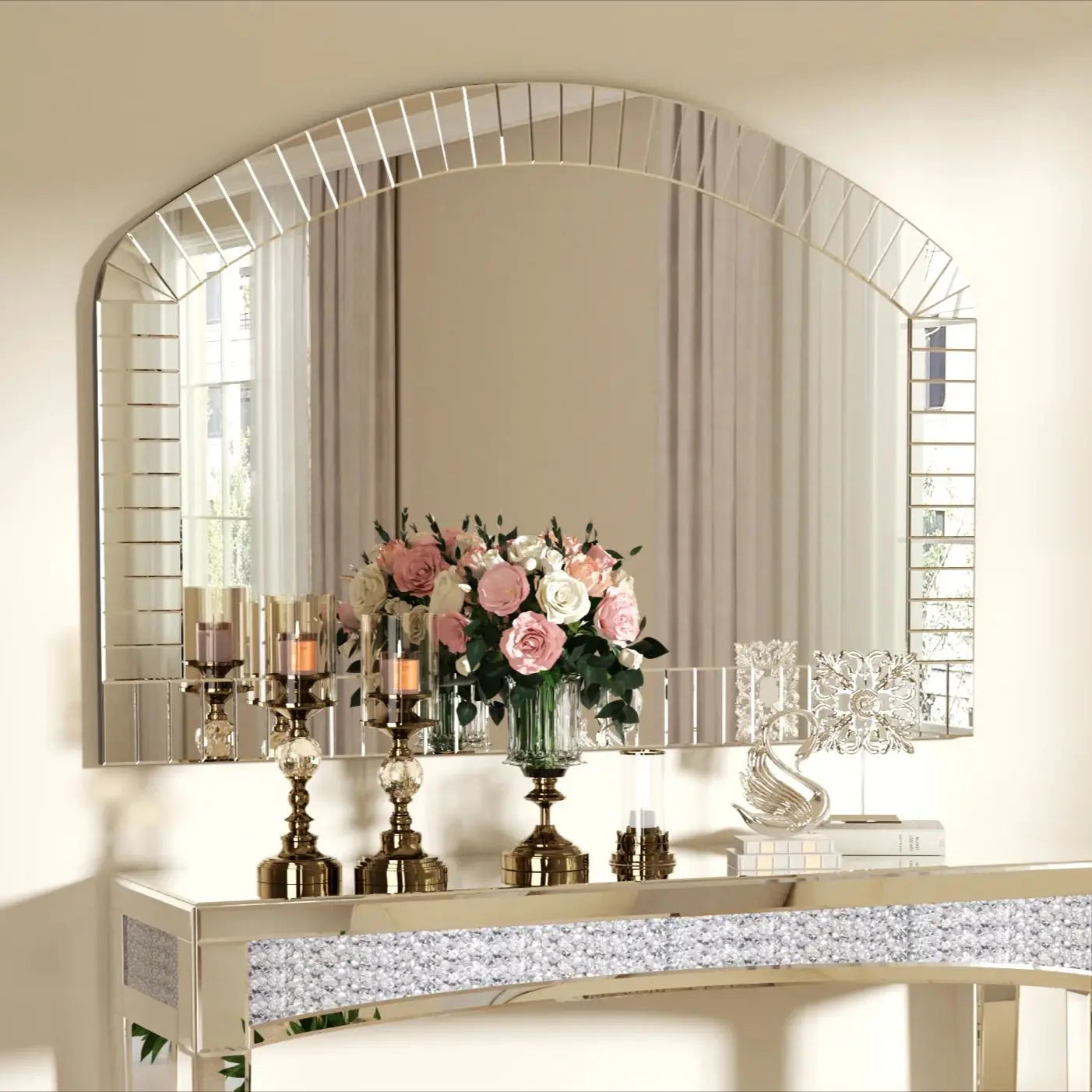Extra Large Arched Wall Mirror With Beveled Glass Home Decor