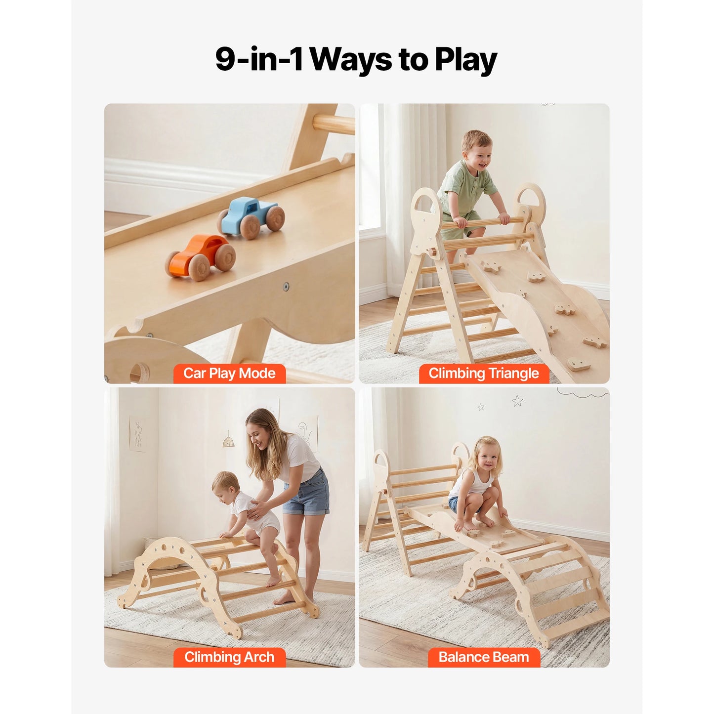 SucceBuy Pikler Triangle Set 9 In 1 Toddler Climbing Toys Indoor Playground