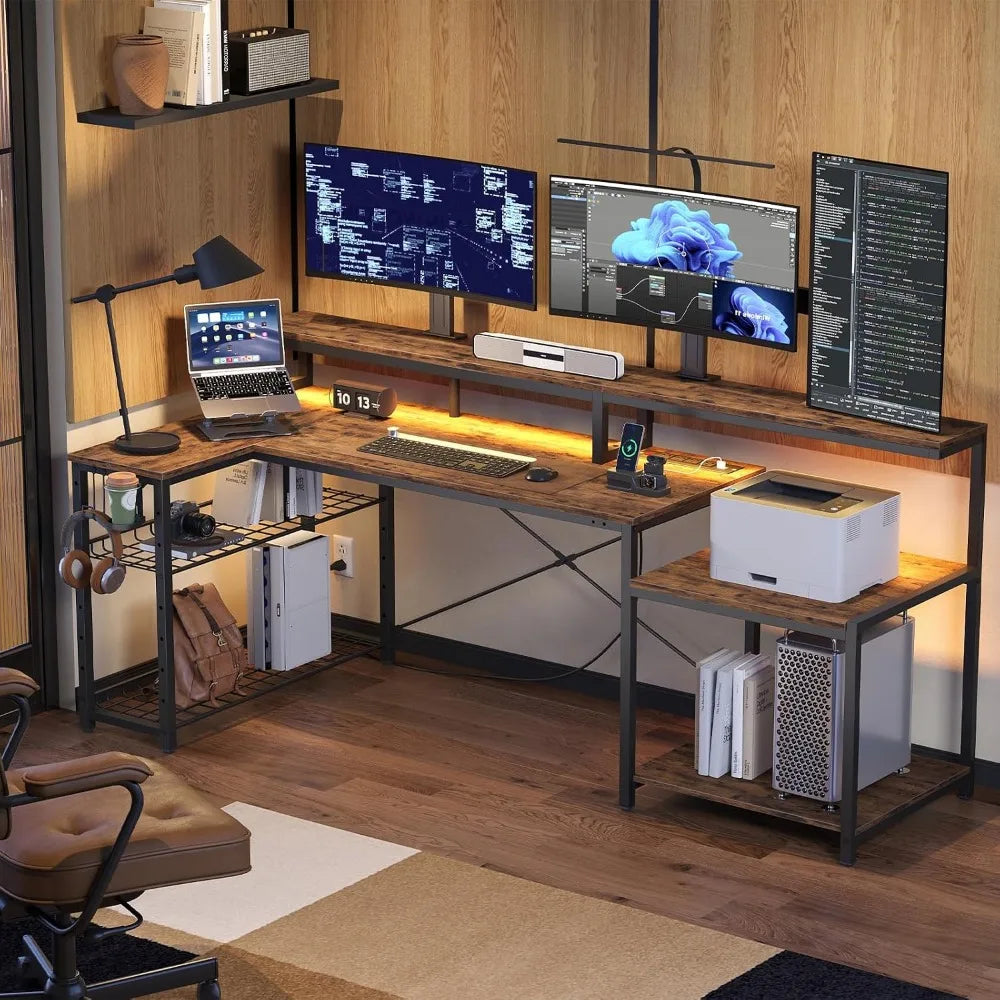 Rustic Brown Computer Desk With Power Outlets And Adjustable Features