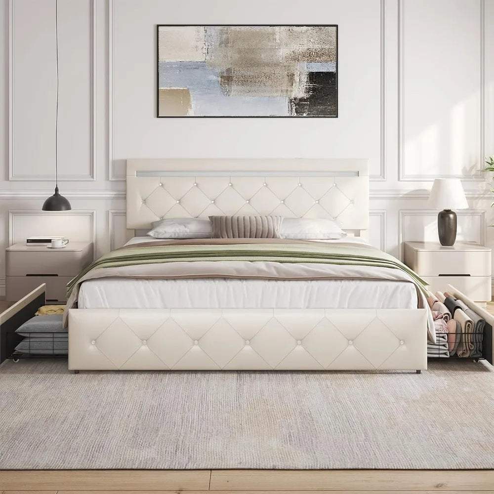 Bed Frame With Drawers LED Light USB Charge Station