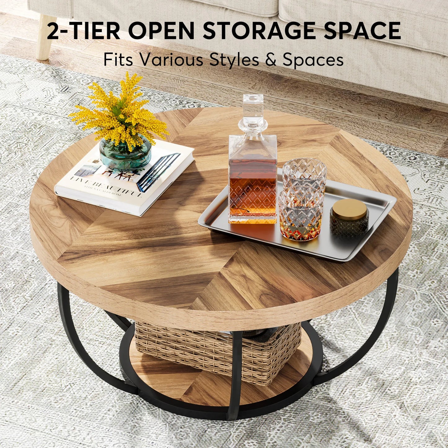 Tribesigns Round Coffee Table With Storage Shelves