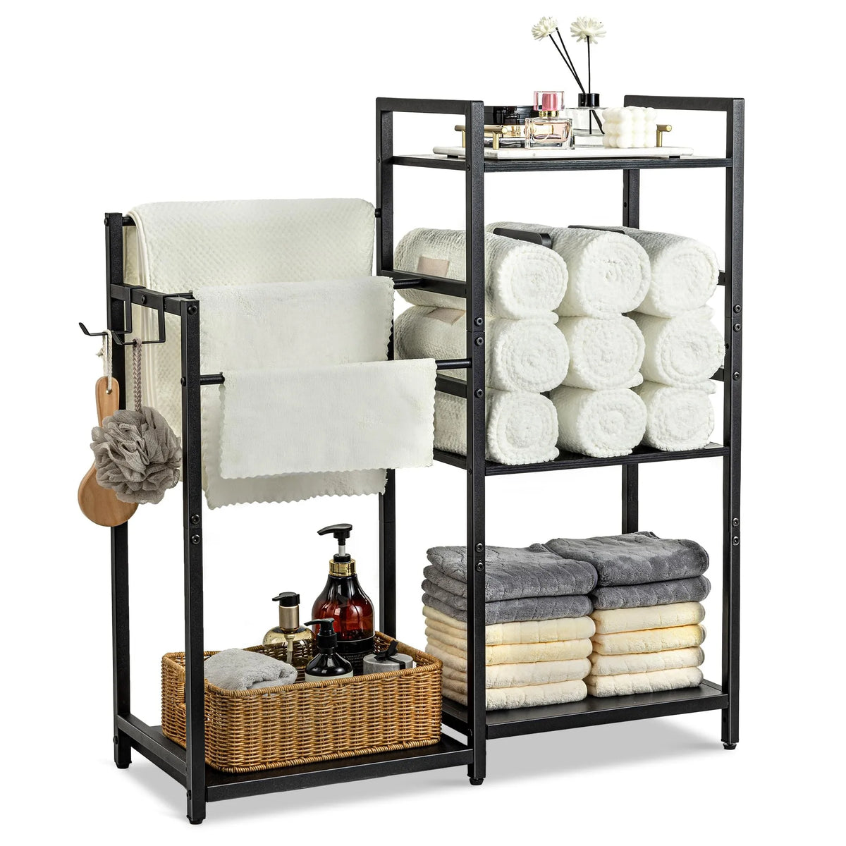 Freestanding Bathroom Towel Rack with Dual-Sided Rolled Towel Storage