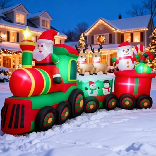 Oloeys Outdoor Christmas Inflatable Train With Santa Reindeer LED Lights