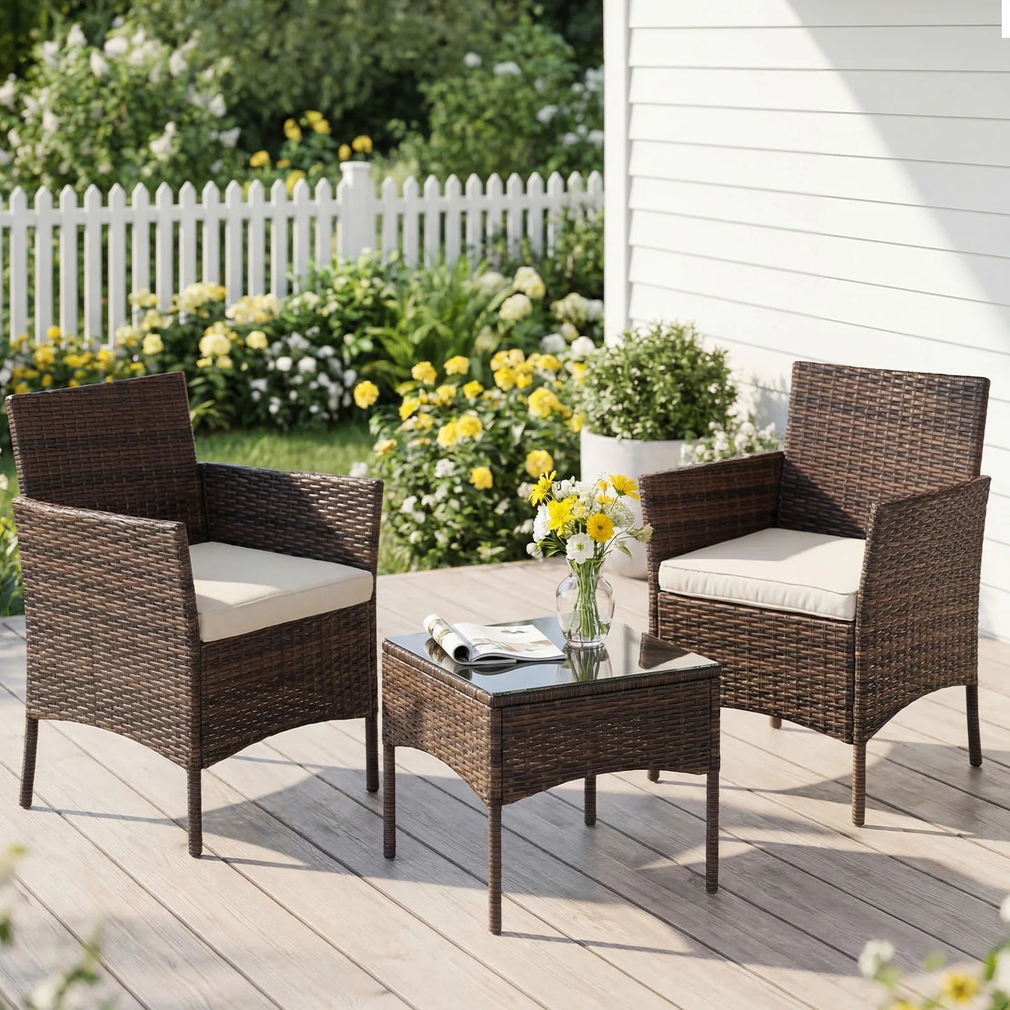 3 Piece Outdoor Patio Furniture Set Rattan Wicker With Glass Table