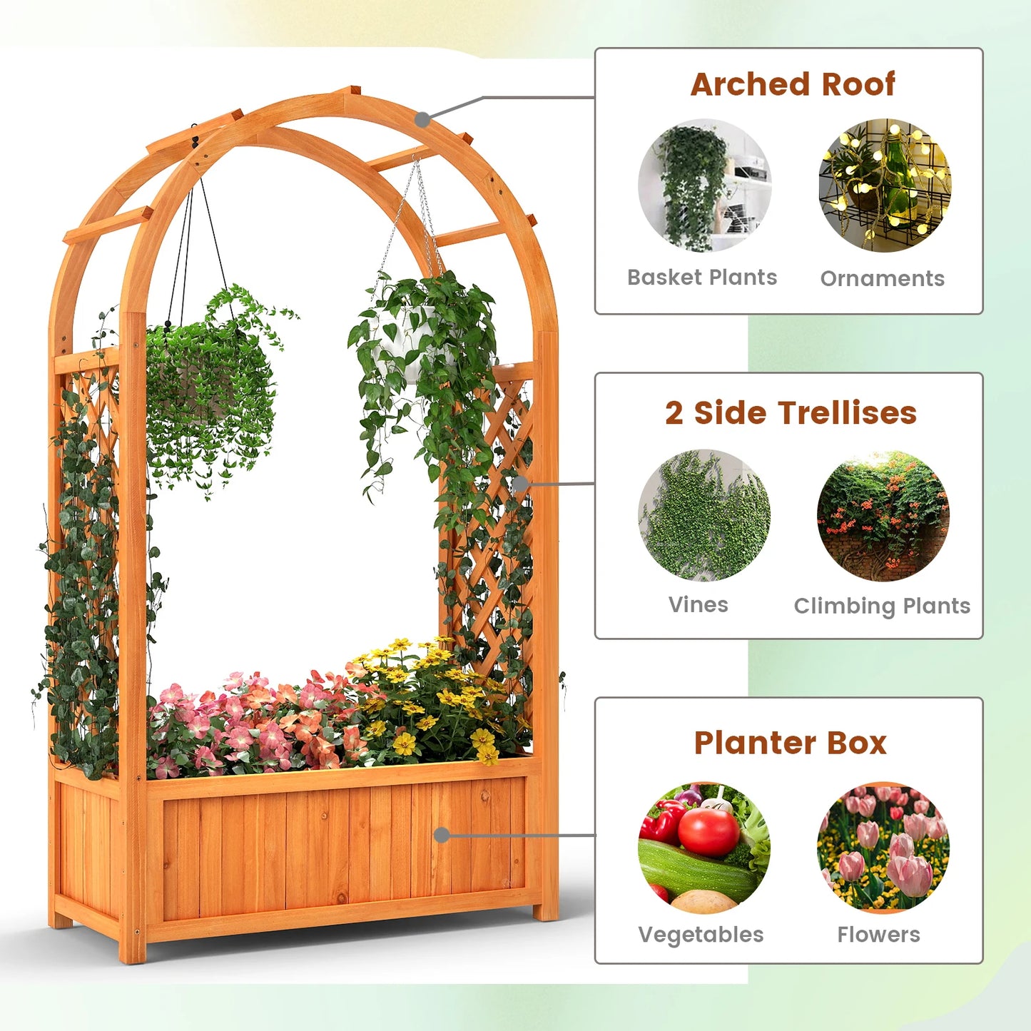 Raised Garden Bed Wooden Elevated Planter Box w/ Lattice Trellis & Ached Roof