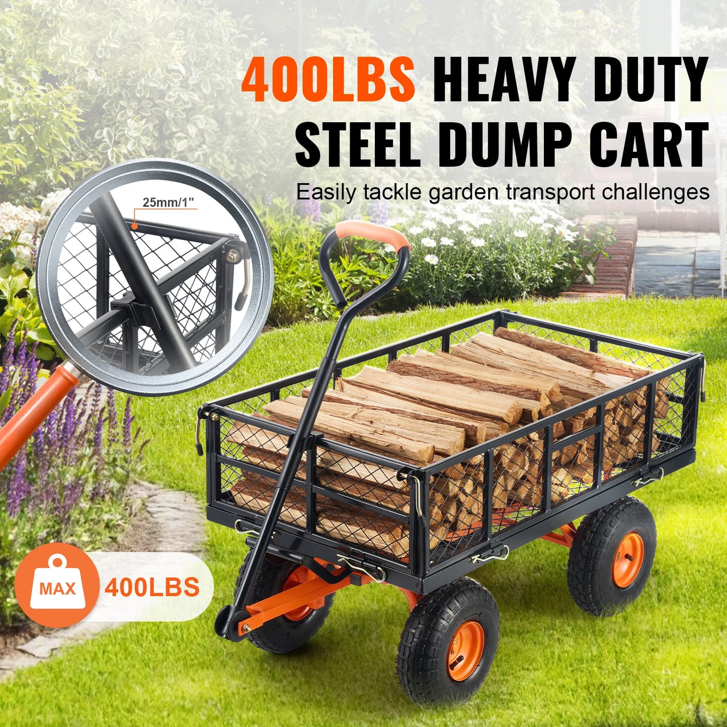 SucceBuy Garden Cart Sturdy Metal Utility Wagon Dump Cart