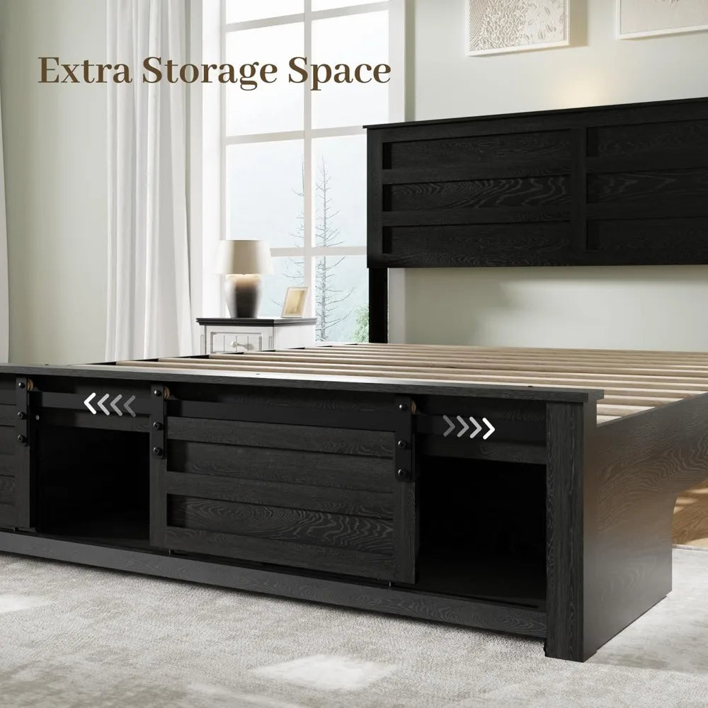 Bed Frame With Wooden Headboard And Sliding Barn Door Footboard