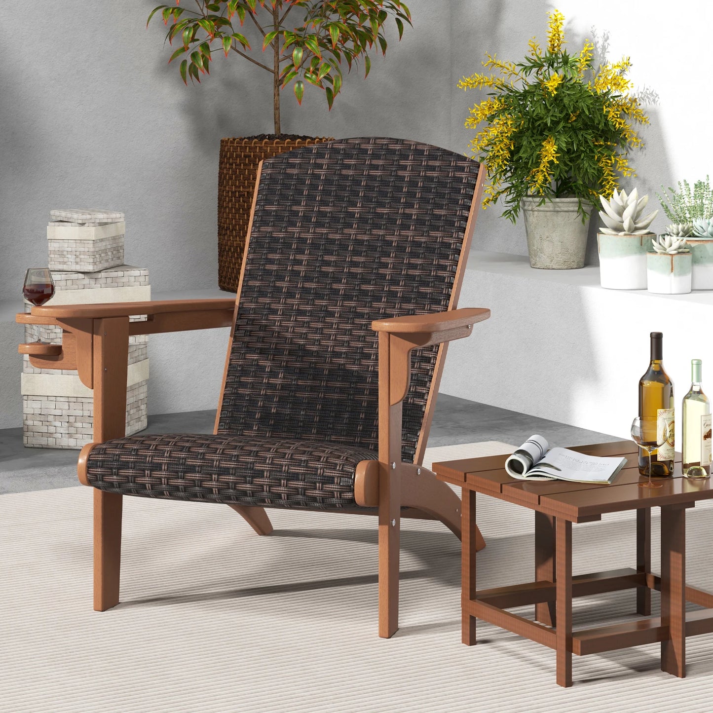 LIFEZEAL Patio Adirondack Chair With Rattan Padded Seat And Cupholder