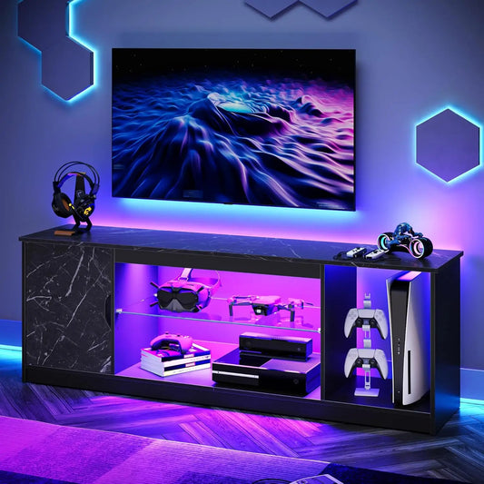 Gaming TV Stand With Power Outlets And Adjustable Glass Shelves
