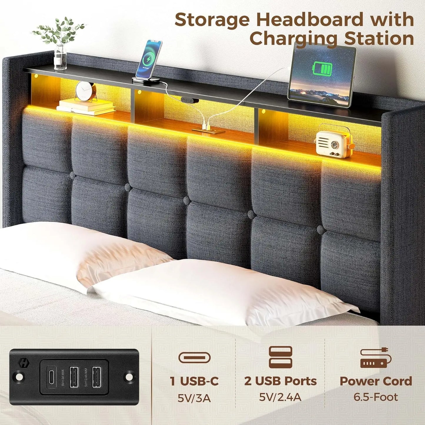 Lift Up Storage Bed With LED Lights And Charging Station
