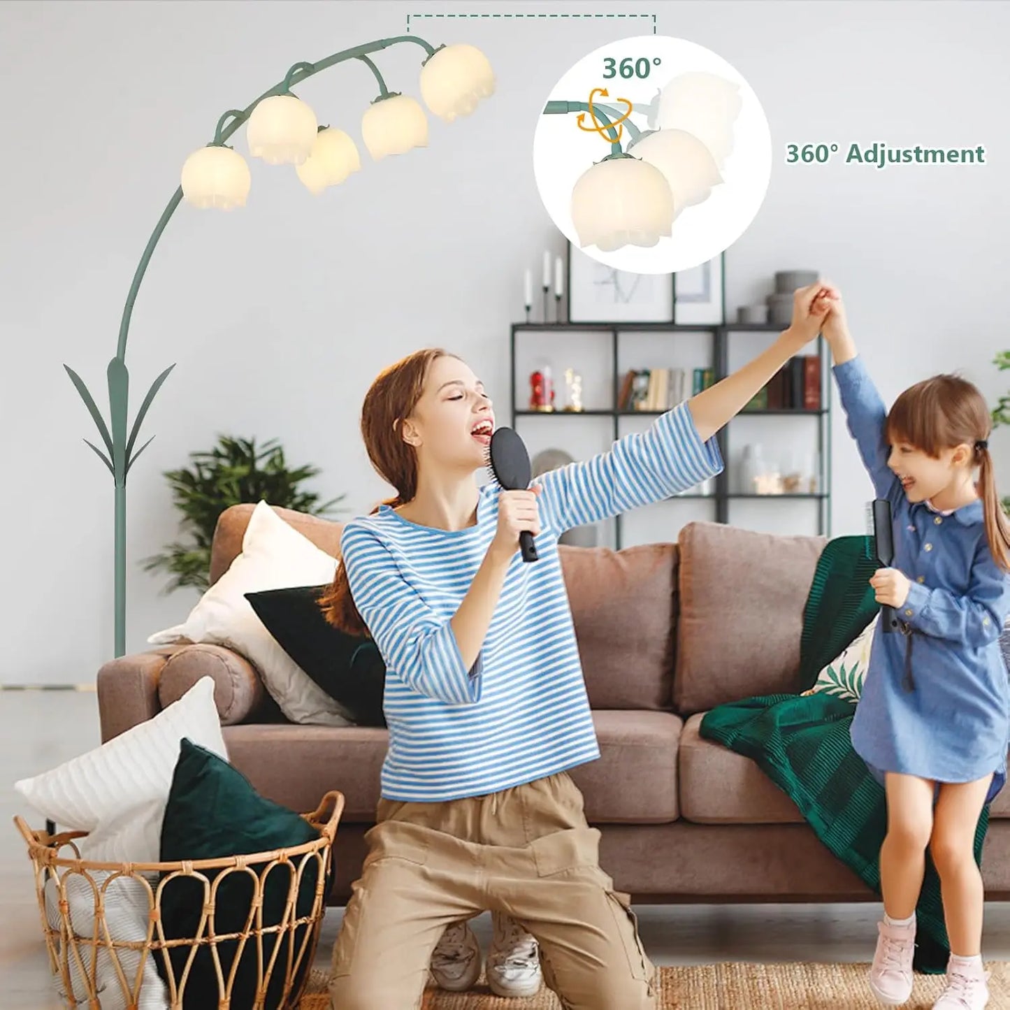 Arc Floor Lamp with 5 G9 LED Bulbs, Foot Switch, Green Floral Design for Living Room Bedroom Corner Reading