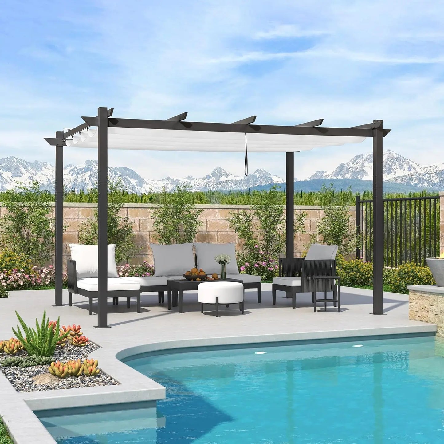 Aluminum Pergola With Retractable Double Canopy Wind Resistant Outdoor