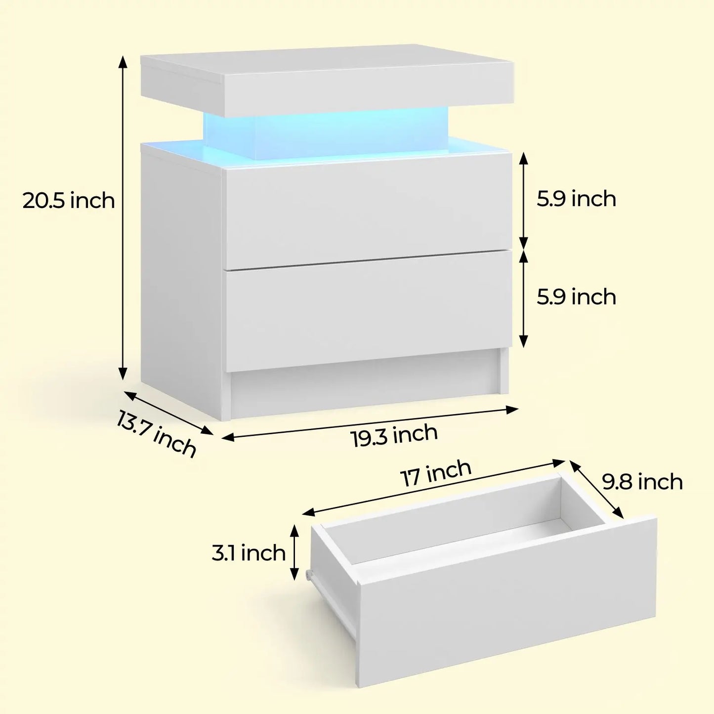 Cubehom LED Nightstand With Two Drawers And RGB Lighting